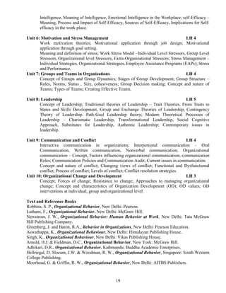 19
Intelligence, Meaning of Intelligence, Emotional Intelligence in the Workplace; self-Efficacy –
Meaning, Process and Impact of Self-Efficacy, Sources of Self-Efficacy, Implications for Self-
efficacy in the work place.
Unit 6: Motivation and Stress Management LH 4
Work motivation theories; Motivational application through job design; Motivational
application through goal setting.
Meaning and definition of stress; Work Stress Model –Individual Level Stressors, Group Level
Stressors, Organizational level Stressors, Extra-Organizational Stressors; Stress Management –
Individual Strategies, Organizational Strategies, Employee Assistance Programs (EAPs); Stress
and Performance.
Unit 7: Groups and Teams in Organizations LH 4
Concept of Groups and Group Dynamics; Stages of Group Development; Group Structure –
Roles, Norms, Status , Size, cohesiveness; Group Decision making; Concept and nature of
Teams; Types of Teams; Creating Effective Teams.
Unit 8: Leadership LH 5
Concept of Leadership; Traditional theories of Leadership – Trait Theories, From Traits to
States and Skills Development, Group and Exchange Theories of Leadership, Contingency
Theory of Leadership. Path-Goal Leadership theory; Modern Theoretical Processes of
Leadership – Charismatic Leadership, Transformational Leadership, Social Cognitive
Approach, Substitutes for Leadership, Authentic Leadership; Contemporary issues in
leadership.
Unit 9: Communication and Conflict LH 4
Interactive communication in organizations; Interpersonal communication – Oral
Communication, Written communication, Nonverbal communication; Organizational
communication – Concept, Factors influencing organizational communication; communication
Roles; Communication Policies and Communication Audit; Current issues in communication.
Concept and nature of conflict; Changing views of conflict; Functional and Dysfunctional
conflict; Process of conflict; Levels of conflict; Conflict resolution strategies.
Unit 10: Organizational Change and Development LH 3
Concept; Forces of change; Resistance to change; Approaches to managing organizational
change; Concept and characteristics of Organization Development (OD); OD values; OD
interventions at individual, group and organizational level.
Text and Reference Books
Robbins, S. P., Organizational Behavior, New Delhi: Pearson.
Luthans, F., Organizational Behavior, New Delhi: McGraw Hill.
Newstrom, J. W., Organizational Behavior: Human Behavior at Work, New Delhi: Tata McGraw
Hill Publishing Company.
Greenberg, J. and Baron, R.A., Behavior in Organizations, New Delhi: Pearson Education.
Aswathappa, K., Organizational Behaviour, New Delhi: Himalayan Publishing House.
Singh, K., Organizational Behaviour, New Delhi: Vikas Publishing House.
Arnold, H.J. & Fieldman, D.C., Organizational Behavior, New York: McGraw Hill.
Adhikari, D.R., Organizational Behavior, Kathmandu: Buddha Academic Enterprises.
Hellriegal, D. Slocum, J.W. & Woodman, R. W., Organizational Behavior, Singapore: South Western
College Publishing.
Moorhead, G. & Griffin, R. W., Organizational Behavior, New Delhi: AITBS Publishers.
 