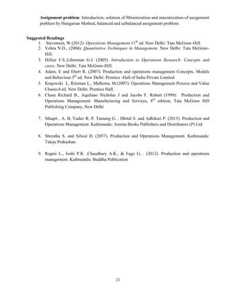 21
Assignment problem: Introduction, solution of Minimization and maximization of assignment
problem by Hungarian Method, balanced and unbalanced assignment problem.
Suggested Readings
1. Stevenson, W.(2012). Operations Management.11th
ed. New Delhi: Tata McGraw-Hill.
2. Vohra N.D., (2004). Quantitative Techniques in Management. New Delhi: Tata McGraw-
Hill.
3. Hillier F.S.,Liberman G.J. (2005). Introduction to Operations Research: Concepts and
cases. New Delhi: Tata McGraw-Hill.
4. Adam, E and Ebert R. (2007). Production and operations management Concepts, Models
and Behaviour.5th
ed. New Delhi: Prentice -Hall of India Private Limited.
5. Krajewski L, Ritzman L., Malhotra, M.(2007): Operations Management Process and Value
Chains.8 ed. New Delhi: Prentice Hall.
6. Chase Richard B., Aquilano Nicholas J and Jacobs F. Robart (1999): Production and
Operations Management: Manufacturing and Services, 8th
edition, Tata McGraw Hill
Publishing Company, New Delhi
7. Sthapit , A. B, Yadav R. P, Tamang G. , Dhital S. and Adhikari P. (2015). Production and
Operations Management. Kathmandu: Asmita Books Publishers and Distributors (P) Ltd.
8. Shrestha S. and Silwal D. (2057). Production and Operations Management. Kathmandu:
Taleju Prakashan
9. Regmi L., Joshi P.R. ,Chaudhary A.K., & Fago G, . (2012). Production and operations
management. Kathmandu: Buddha Publication
 