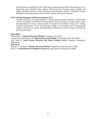 31
process; Sources of qualitative data- observation, participant observation, focus groups; Use of
Internet for data collection; Data analysis- Data processing; Presenting data in graphs and
tables; Statistical analysis of data- descriptive and inferential statistics; Hypothesis testing;
Methods of analyzing qualitative data-content, thematic and narrative analysis.
Unit 7: Writing Proposals and Research Reports LH 7
Functions and types of research proposals- solicited and unsolicited proposals; Structure and
contents of academic and funded research proposals. Research reports- concept, process, types
and procedure for writing research report; Conventions of academic writing; Pre- writing
concerns; Components of the research report; Body of the research report; Documenting
sources- APA style of citation and referencing; Evaluation of research reports; Essentials of
good research report.
Basic Books:
Zikmund, W. G. Business Research Methods. Thompson, New Delhi.
Cooper, D.R. and Schindler, P.S. Business Research Methods. Tata McGraw Hill, New Delhi.
Pant, Prem R. Social Science Research and Thesis Writing .Buddha Academic Enterprises,
Kathmandu.
References:
Bryman, A. and Bell, E. Business Research Methods. Oxford University Press, New Delhi.
Flick, U. An Introduction to Qualitative Research. Sage South Asia Edition, New Delhi.
 