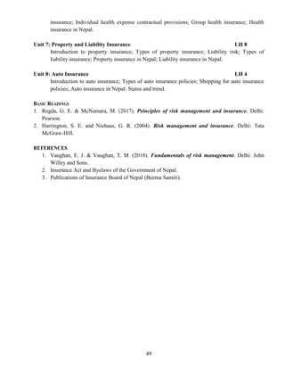 49
insurance; Individual health expense contractual provisions; Group health insurance; Health
insurance in Nepal.
Unit 7: Property and Liability Insurance LH 8
Introduction to property insurance; Types of property insurance; Liability risk; Types of
liability insurance; Property insurance in Nepal; Liability insurance in Nepal.
Unit 8: Auto Insurance LH 4
Introduction to auto insurance; Types of auto insurance policies; Shopping for auto insurance
policies; Auto insurance in Nepal: Status and trend.
BASIC READINGS
1. Regda, G. E. & McNamara, M. (2017). Principles of risk management and insurance. Delhi:
Pearson.
2. Harrington, S. E. and Niehaus, G. R. (2004). Risk management and insurance. Delhi: Tata
McGraw-Hill.
REFERENCES
1. Vaughan, E. J. & Vaughan, T. M. (2018). Fundamentals of risk management. Delhi: John
Willey and Sons.
2. Insurance Act and Byelaws of the Government of Nepal.
3. Publications of Insurance Board of Nepal (Beema Samiti).
 