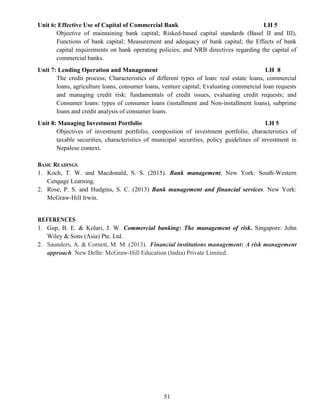 51
Unit 6: Effective Use of Capital of Commercial Bank LH 5
Objective of maintaining bank capital; Risked-based capital standards (Basel II and III),
Functions of bank capital; Measurement and adequacy of bank capital; the Effects of bank
capital requirements on bank operating policies; and NRB directives regarding the capital of
commercial banks.
Unit 7: Lending Operation and Management LH 8
The credit process; Characteristics of different types of loan: real estate loans, commercial
loans, agriculture loans, consumer loans, venture capital; Evaluating commercial loan requests
and managing credit risk: fundamentals of credit issues, evaluating credit requests; and
Consumer loans: types of consumer loans (installment and Non-installment loans), subprime
loans and credit analysis of consumer loans.
Unit 8: Managing Investment Portfolio LH 5
Objectives of investment portfolio, composition of investment portfolio, characteristics of
taxable securities, characteristics of municipal securities, policy guidelines of investment in
Nepalese context.
BASIC READINGS
1. Koch, T. W. and Macdonald, S. S. (2015). Bank management. New York: South-Western
Cengage Learning.
2. Rose, P. S. and Hudgins, S. C. (2013) Bank management and financial services. New York:
McGraw-Hill Irwin.
REFERENCES
1. Gup, B. E. & Kolari, J. W. Commercial banking: The management of risk. Singapore: John
Wiley & Sons (Asia) Pte. Ltd.
2. Saunders, A. & Cornett, M. M. (2013). Financial institutions management: A risk management
approach. New Delhi: McGraw-Hill Education (India) Private Limited.
 