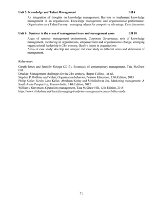 71
Unit 5: Knowledge and Talent Management LH 4
An integration of thoughts on knowledge management; Barriers to implement knowledge
management in an organization; knowledge management and organizational performance;
Organization as a Talent Factory; managing talents for competitive advantage. Case discussion
Unit 6: Seminar in the areas of management issue and management cases LH 10
Areas of seminar: management environment, Corporate Governance, role of knowledge
management, mentoring in organizations, empowerment and organizational change, emerging
organizational leadership in 21st century, Quality issues in organizations
Areas of case study: develop and analyze real case study in different areas and dimension of
management.
References
Gareth Jones and Jennifer George (2017), Essentials of contemporary management, Tata McGraw
Hill.
Drucker. Management challenges for the 21st century, Harper Collins, 1st ed.,
Stephen P. Robbins and Vohar, Organization behavior, Pearson Education, 15th Edition, 2013
Philip Kotler, Kevin Lane Keller, Abraham Koshy and Mithileshwar Jha, Marketing management: A
South Asian Perspective, Pearson India, 14th Edition, 2012
William J Stevenson, Operations management, Tata McGraw Hill, 12th Edition, 2015
https://www.slideshare.net/haricd/emerging-trends-in-management-compatibility-mode
 