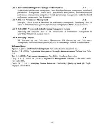 75
Unit 6: Performance Management Strategic and Interventions LH 7
Reward-based performance management; career-based performance management; team-based
performance management; culture-based performance management; measurement-based
performance management; competency based performance management; leadership-based
performance management. Case discussion.
Unit 7: Ethics in Performance Management LH 4
Principles, Ethical Issues & Dilemmas in performance management; Developing Code of
Ethics in performance management; Performance Management in MNCs. Case discussion.
Unit 8: Role of HR Professionals in Performance Management System LH 2
Appraising HR functions; Role of HR Professionals in Performance Management in
Knowledge Millennium. Case discussion
Unit 9: Emerging Concepts LH 3
HR Benchmarking and Performance Management; HR Outsourcing and Performance
Management; Performance Management practices in Developing Countries. Case discussion
Reference Books
Aguinis, H. (2017). Performance Management. New Delhi: Pearson Education, Inc.
Kandula, S. R. (2009). Performance Management: Strategies, Interventions and Drivers. New Delhi:
PHI.
Rao, C. A. (2012). Performance Management. New Delhi: Himalayan Impression.
Cardy, R. L. & Leonard, B. (2nd Ed.). Performance Management: Concepts, Skills and Exercise.
New Delhi: PHI,
Cascio, W. F. (2013). Managing Human Resources: Productivity, Quality of work life, Profits.
Singapur: MGraw Hills.
 