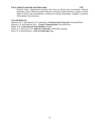 77
Unit 6: Ethical Leadership and Followership LH7
Personal values, organizational practices that foster an ethical work environment, authentic
leadership, factors influencing ethical behavior, justifying unethical behavior, guides to ethical
behavior, Roles and responsibilities of followers, trusting relationships, strategies to promote
followership. Case discussion
Text and Reference
Hackman, M. Z. and Johnson, C.E. Leadership: a Communication Perspective, Waveland Press
Johnson, C.E. and Hackman, M.Z. Creative Communication, Waveland Press.
Haldar, U.K. Leadership and Team Building, Oxford
Achua, C.F. and Lussier, R.N. Effective Leadership, CENGAGE Learning
Rowe, W. G and Guerrero L. Cases in Leadership, Sage.
 