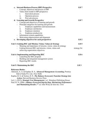 89
c. Internal-Business-Process (IBP) Perspective LH 7
- Concept, objectives and process of IBP
- Value chain model in IBP perspective
i. Innovation process
ii. Operation process
iii. Post-sale process
d. Learning and Growth Perspective LH 7
- Concept and objectives of learning and growth
- Principal categories for learning and growth
i. Employee capabilities and measurement
ii. Employee satisfaction
iii. Employee retention
iv. Employee productivity
- Information system capabilities
- Motivating empowerment and alignment
e. Developing objectives for each perspectives LH 2
Unit 3: Linking BSC and Mission, Vision, Values & Strategy LH 5
- Meaning and importance of mission, vision, values & strategy
- Linking between BSC and mission, vision, values and strategy for
achieving organization objectives
Unit 4: Implementing and Reporting BSC LH 6
- Launching the BSC program
- Building and integrated management system
- Reporting BSC results
Unit 5: Maintaining the BSC LH 3
Reference Books:
Atkinson, A. A. & Kaplan, R. S., Advanced Management Accounting, Prentice
Hall of India Pvt. Ltd., New Delhi
Kaplan, R. S. & Norton, D. P., The Balance Scorecard, Translate Strategy into
Action, Harvard Business Review Press
Lal, J., (2015), Strategic Cost Management,1 ed, Himalaya Publishing House
Paul, R. N. (2006 ), Balance Scorecard Step-by-Step, Maximizing Performance
and Maintaining Results 2nd
ed, John Wiley & Sons Inc. USA
 