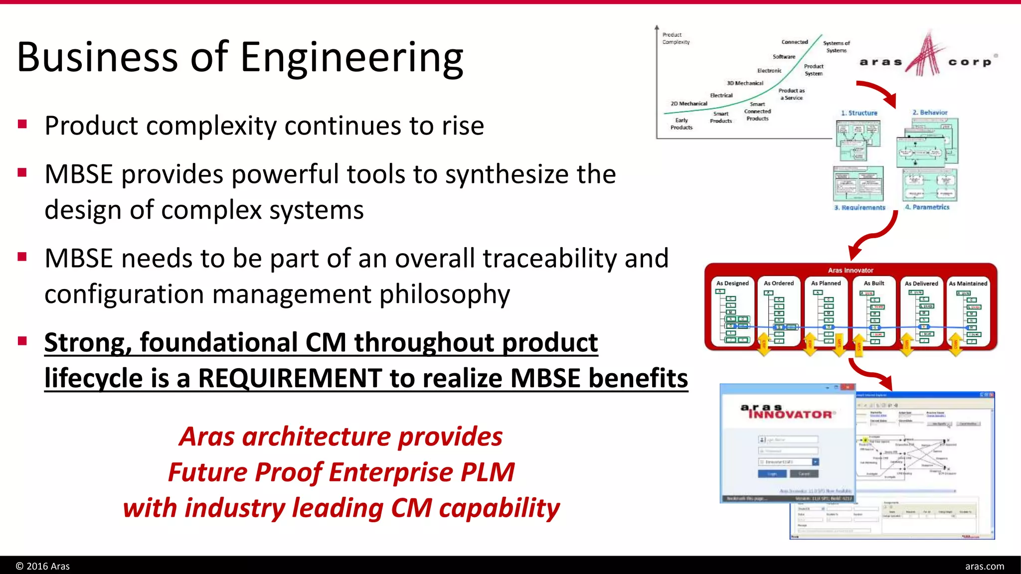 Business of Engineering
 Product complexity continues to rise
 MBSE provides powerful tools to synthesize the
design of complex systems
 MBSE needs to be part of an overall traceability and
configuration management philosophy
 Strong, foundational CM throughout product
lifecycle is a REQUIREMENT to realize MBSE benefits
© 2016 Aras aras.com
Aras architecture provides
Future Proof Enterprise PLM
with industry leading CM capability
 