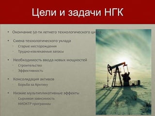 Цели и задачи НГК
• Окончание 50-ти летнего технологического цикла

•   Смена технологического уклада
    •   Старые месторождения
    •   Трудно-извлекаемые запасы

•   Необходимость ввода новых мощностей
    •   Строительство
    •   Эффективность

•   Консолидация активов
    •   Борьба за Арктику

•   Низкие мультипликативные эффекты
    •   Сырьевая зависимость
    •   НИОКТР программы
 
