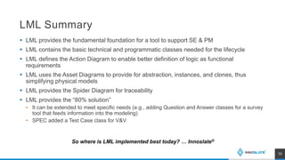 LML Summary
 LML provides the fundamental foundation for a tool to support SE & PM
 LML contains the basic technical and programmatic classes needed for the lifecycle
 LML defines the Action Diagram to enable better definition of logic as functional
requirements
 LML uses the Asset Diagrams to provide for abstraction, instances, and clones, thus
simplifying physical models
 LML provides the Spider Diagram for traceability
 LML provides the “80% solution”
• It can be extended to meet specific needs (e.g., adding Question and Answer classes for a survey
tool that feeds information into the modeling)
• SPEC added a Test Case class for V&V
10
So where is LML implemented best today? … Innoslate®
 