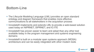 Bottom-Line
 The Lifecycle Modeling Language (LML) provides an open standard
ontology and diagram framework that enables more effective
communications to all stakeholders in the acquisition process
 Innoslate® implements and extends LML to provide a web-based solution
used today on NIPRNET, SIPRNET, and IC-ITE
 Innoslate® has proven easier to learn and adopt than any other tool
available today in the program management and systems engineering
domains
 Innoslate® is built on a modular open systems approach (MOSA)
architecture and can be easily integrated with other modern tools
28
 