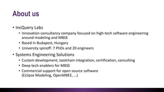 About us
• IncQuery Labs
• Innovation consultancy company focused on high-tech software engineering
around modeling and MBSE
• Based in Budapest, Hungary
• University spinoff: 7 PhDs and 20 engineers
• Systems Engineering Solutions
• Custom development, toolchain integration, certification, consulting
• Deep tech enablers for MBSE
• Commercial support for open source software
(Eclipse Modeling, OpenMBEE, …)
 