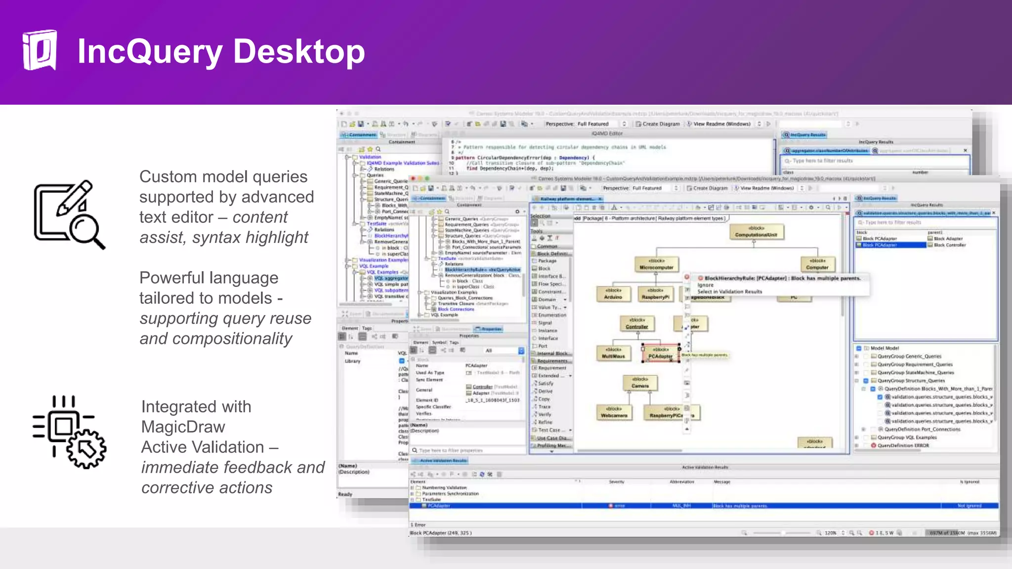 IncQuery Desktop
Custom model queries
supported by advanced
text editor – content
assist, syntax highlight
Powerful language
tailored to models -
supporting query reuse
and compositionality
Integrated with
MagicDraw
Active Validation –
immediate feedback and
corrective actions
 