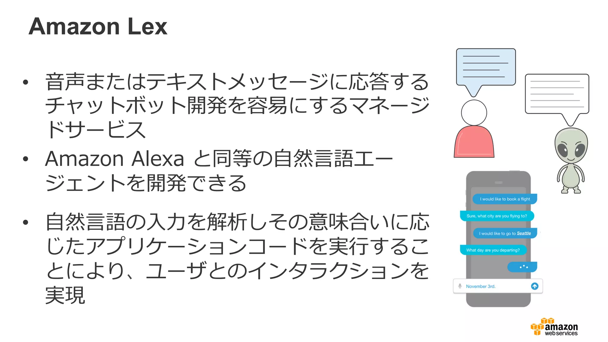 Amazon Lex
• lck P i ar
t iar P
P
• B LDC A P
z t e r
• t b i
cv P P t ar
ip N P~ x t