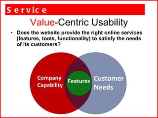 Value -Centric Usability <ul><li>Service </li></ul><ul><li>Does the website provide the right online services (features, t...