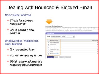 Dealing with Bounced & Blocked Email <ul><li>Non-existent address </li></ul><ul><ul><li>Check for obvious misspellings </l...