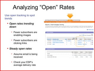 Analyzing “Open” Rates <ul><li>Use open tracking to spot trends </li></ul><ul><ul><li>Open rates trending down </li></ul><...