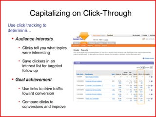 Capitalizing on Click-Through <ul><li>Use click tracking to determine… </li></ul><ul><ul><li>Audience interests </li></ul>...