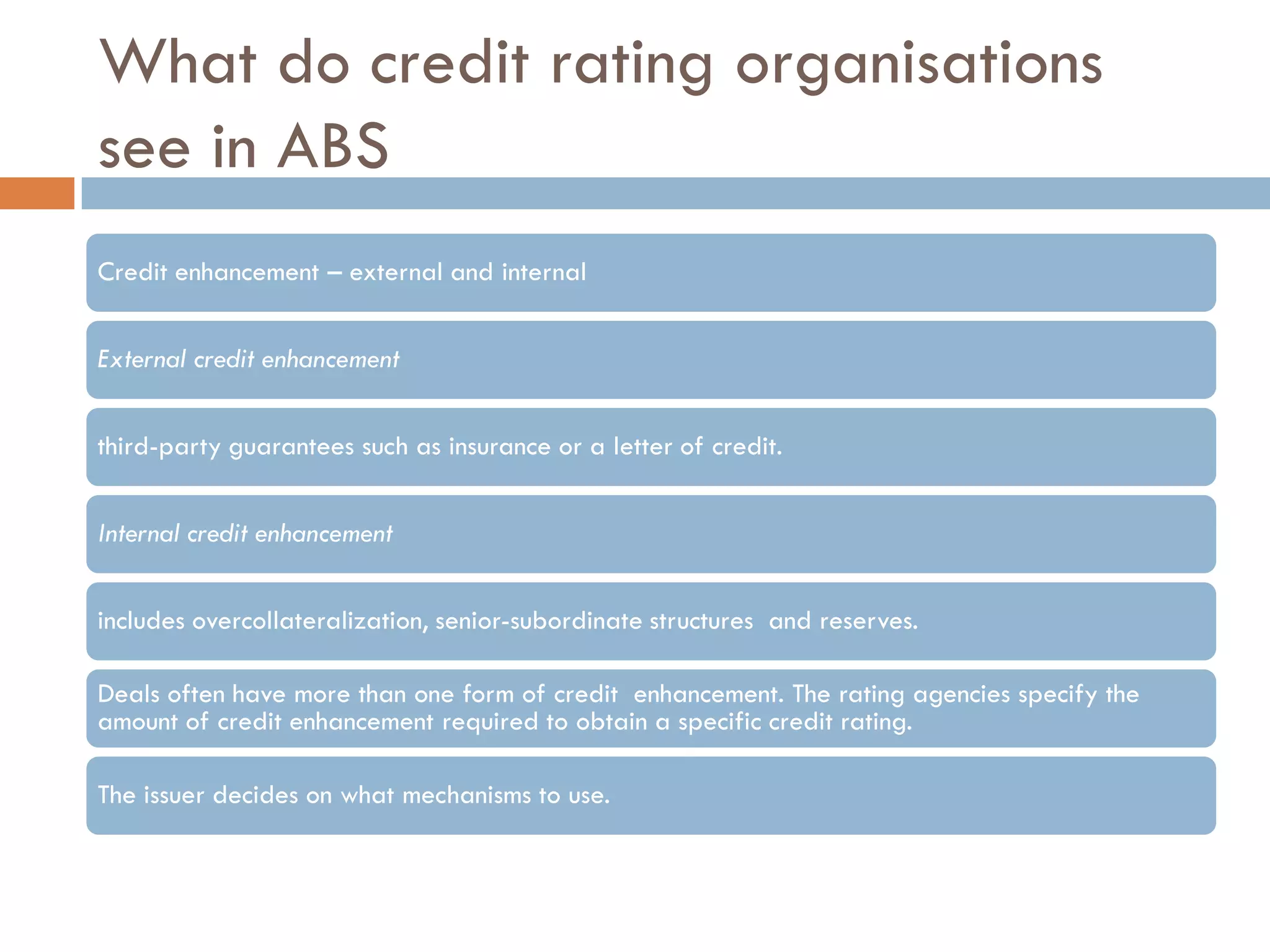 What do credit rating organisations
see in ABS
Credit enhancement – external and internal


External credit enhancement


third-party guarantees such as insurance or a letter of credit.


Internal credit enhancement


includes overcollateralization, senior-subordinate structures and reserves.

Deals often have more than one form of credit enhancement. The rating agencies specify the
amount of credit enhancement required to obtain a specific credit rating.

The issuer decides on what mechanisms to use.
 