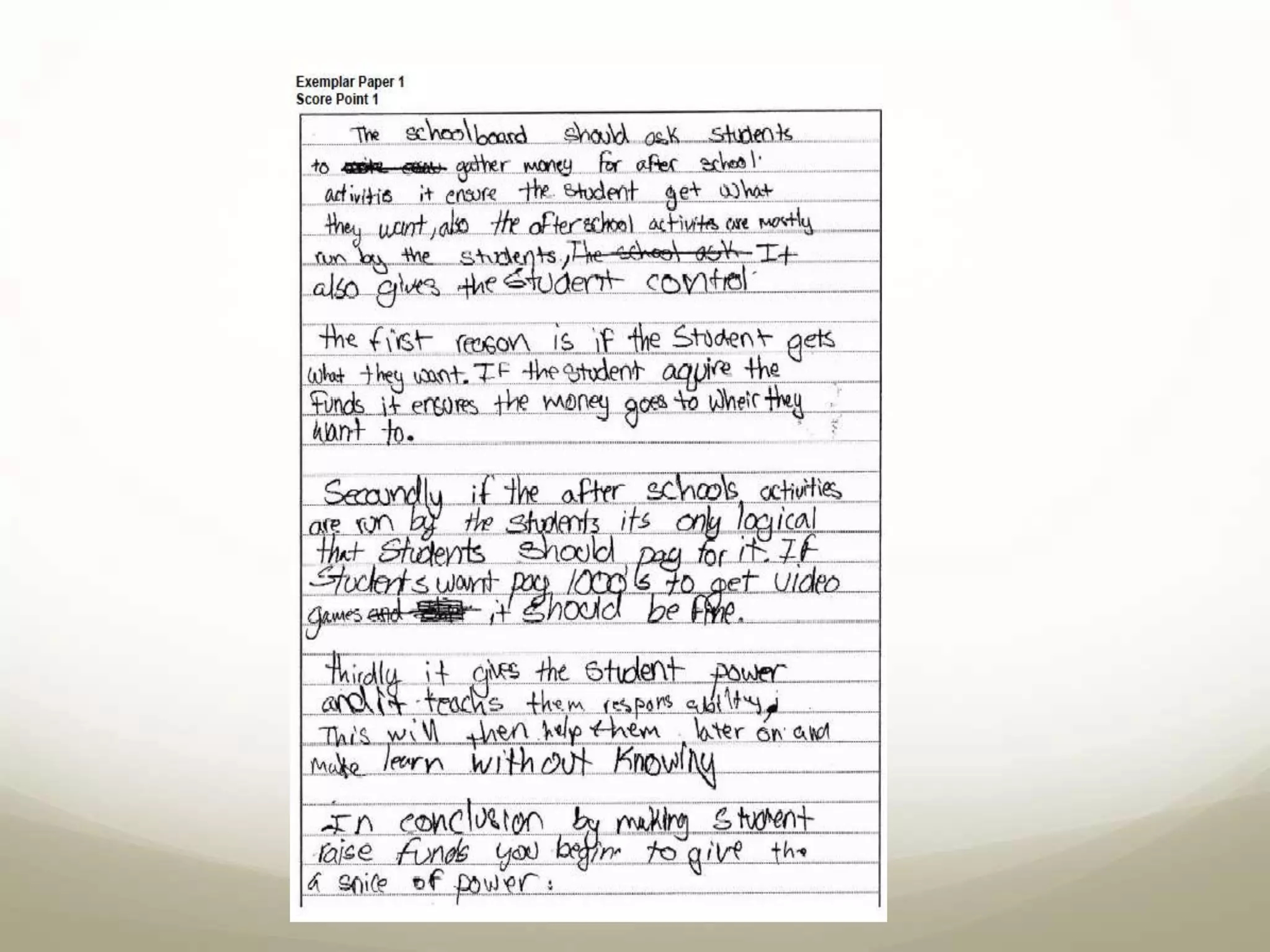 Scoring Florida WritesDefinition of Holistic Scoring Focus Focus refers to how clearly the paper presents and maintains a main idea, theme, or unifying point. Papers representing the higher end of the point scale demonstrate a consistent awareness of the topic and do not contain extraneous information.  Organization Organization refers to the structure or plan of development (beginning, middle, and end) and whether the points logically relate to one another. Organization refers to (1) the use of transitional devices to signal the relationship of the supporting ideas to the main idea, theme, or unifying point and (2) the evidence of a connection between sentences. Papers representing the higher end of the point scale use transitions to signal the plan or text structure and end with summary or concluding statements.  Support Support refers to the quality of the details used to explain, clarify, or define. The quality of support depends on word choice, specificity, depth, credibility, and thoroughness. Papers representing the higher end of the point scale provide fully developed examples and illustrations in which the relationship between the supporting ideas and the topic is clear. Conventions Conventions refer to punctuation, capitalization, spelling, and variation in sentence used in the paper. These conventions are basic writing skills included in Florida's Minimum Student Performance Standards and the Uniform Student Performance Standards for Language Arts. Papers representing the higher end of the scale follow, with few exceptions, the conventions of punctuation, capitalization, and spelling and use a variety of sentence structures to present ideas         