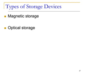 Types of Storage Devices
 Magnetic storage
 Optical storage
27
 