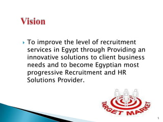 VisionTo improve the level of recruitment services in Egypt through Providing an innovative solutions to client business needs and to become Egyptian most progressive Recruitment and HR Solutions Provider.5