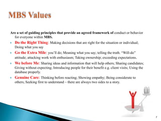 MBS ValuesAre a set of guiding principles that provide an agreed framework of conduct or behavior for everyone within MBS.Do the Right Thing: Making decisions that are right for the situation or individual; Doing what you sayGo the Extra Mile: youll do; Meaning what you say; telling the truth. Will-do attitude; attacking work with enthusiasm; Taking ownership; exceeding expectations.We before Me: Sharing ideas and information that will help others; Sharing candidates; Giving without expecting; Introducing people for their benefit e.g. client visits; Using the database properly.Genuine Care: Thinking before reacting; Showing empathy; Being considerate to others; Seeking first to understand C there are always two sides to a story.7