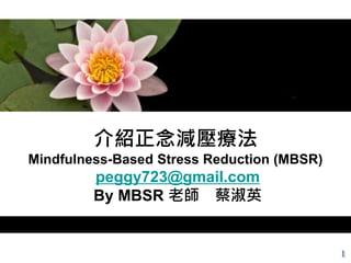 介紹正念減壓療法
Mindfulness-Based Stress Reduction (MBSR)
         peggy723@gmail.com
         By MBSR 老師 蔡淑英
 