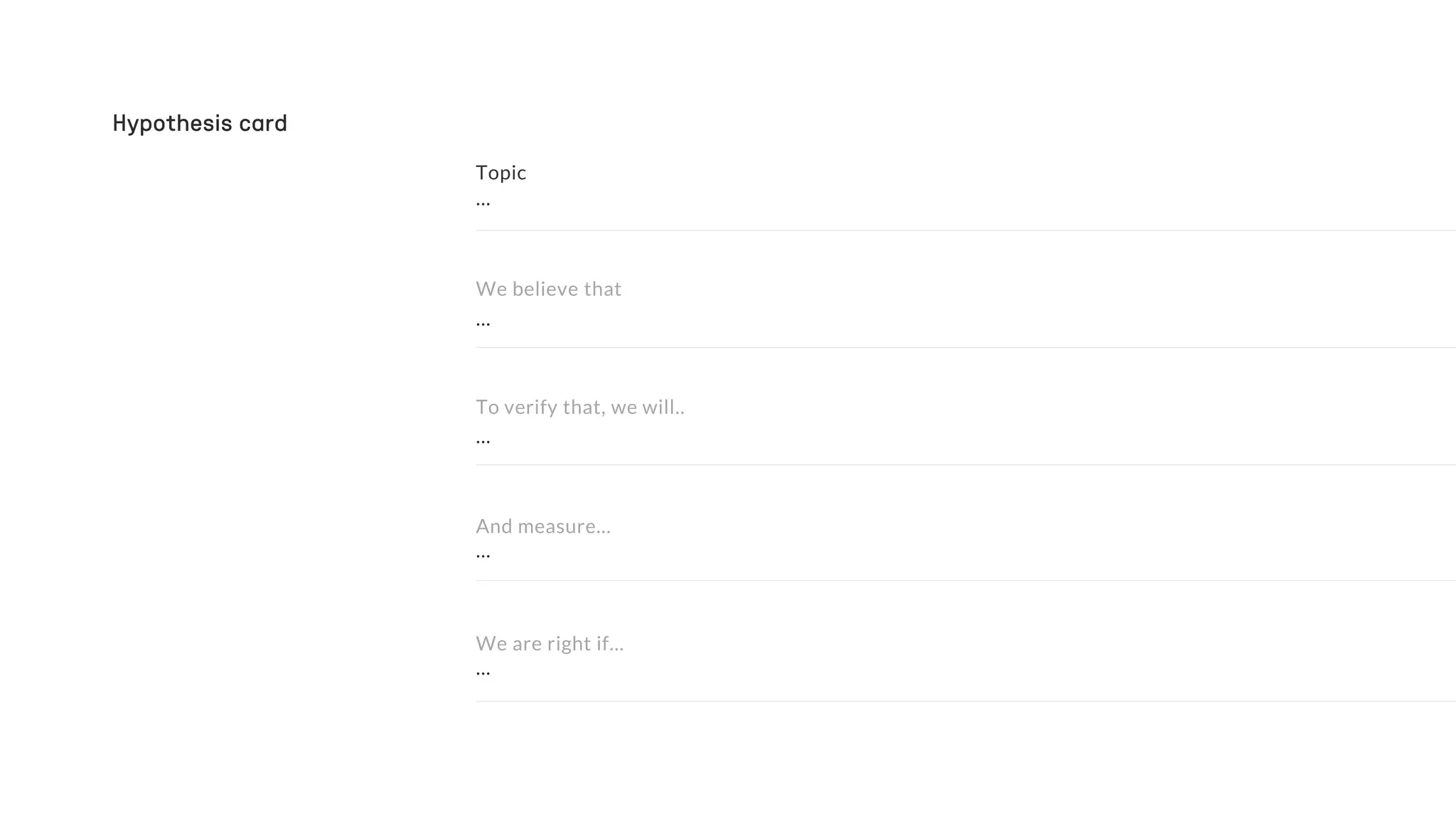 …
…
…
…
And measure…
To verify that, we will..
We believe that
Hypothesis card
…
We are right if…
 