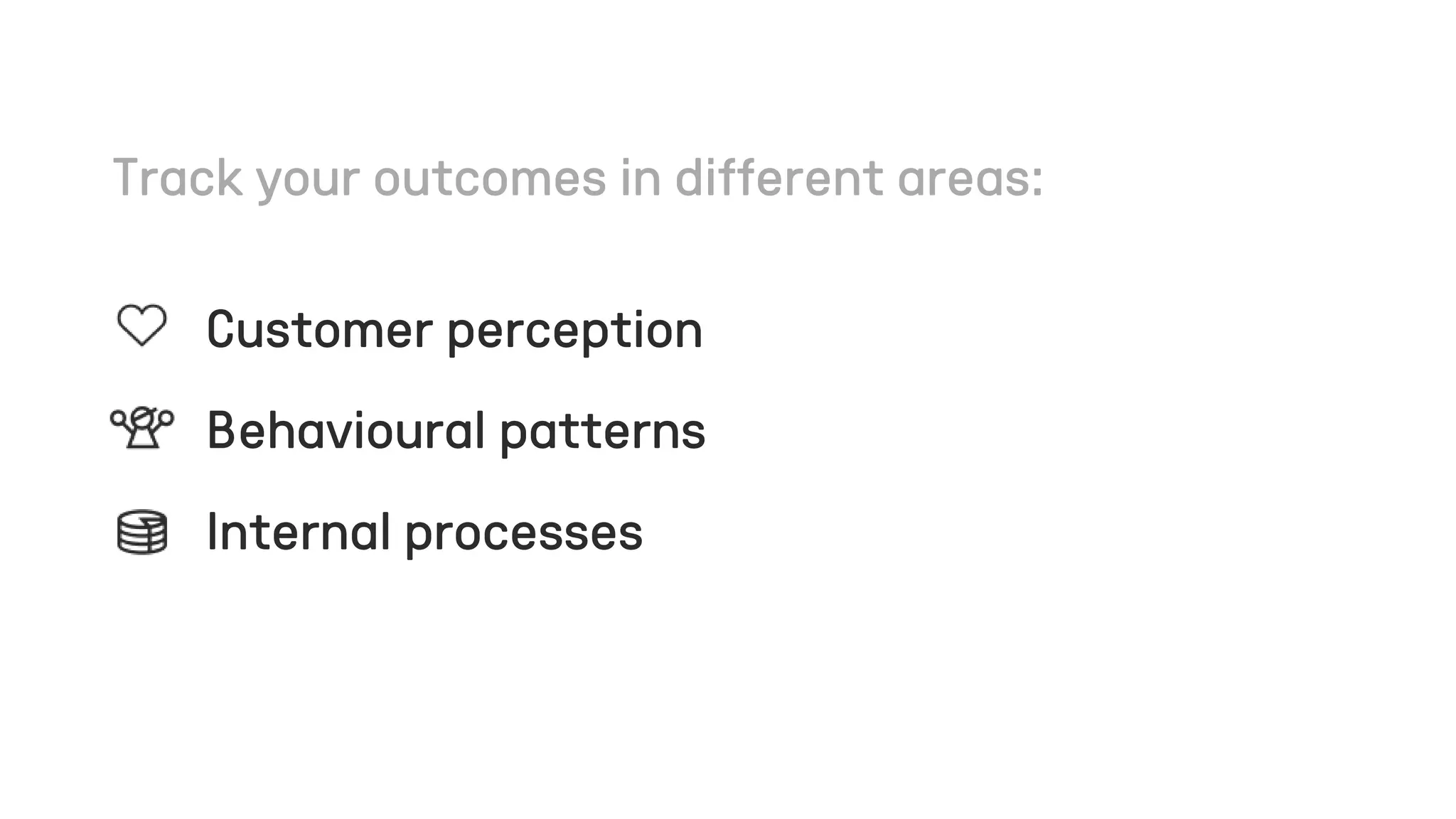 Customer perception
Behavioural patterns
Internal processes
 