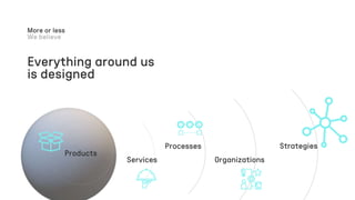 Everything around us
is designed
More or less
Products
Services
Processes
Organizations
Strategies
 