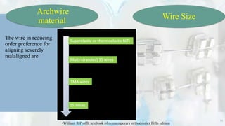  The wire in reducing
order preference for
aligning severely
malaligned are
Archwire
material Wire Size
15
•Wiiliam R Proffit textbook of comtemporary orthodontics Fifth edition
 