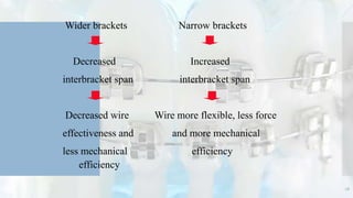 Wider brackets Narrow brackets
Decreased Increased
interbracket span interbracket span
Decreased wire Wire more flexible, less force
effectiveness and and more mechanical
less mechanical efficiency
efficiency
18
 