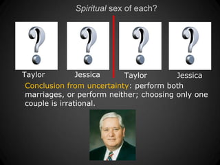 Spiritual sex of each?




Taylor       Jessica      Taylor        Jessica
Conclusion from uncertainty: perform both
marri...