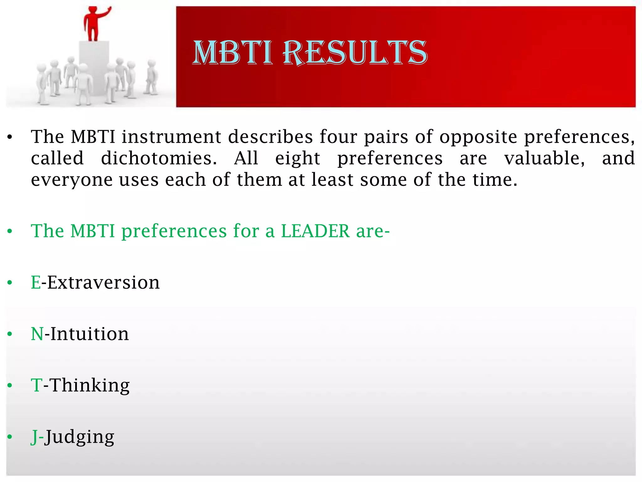 MBTI RESULTS

• The MBTI instrument describes four pairs of opposite preferences,
  called dichotomies. All eight preferences are valuable, and
  everyone uses each of them at least some of the time.

• The MBTI preferences for a LEADER are-

• E-Extraversion

• N-Intuition

• T-Thinking

• J-Judging
 
