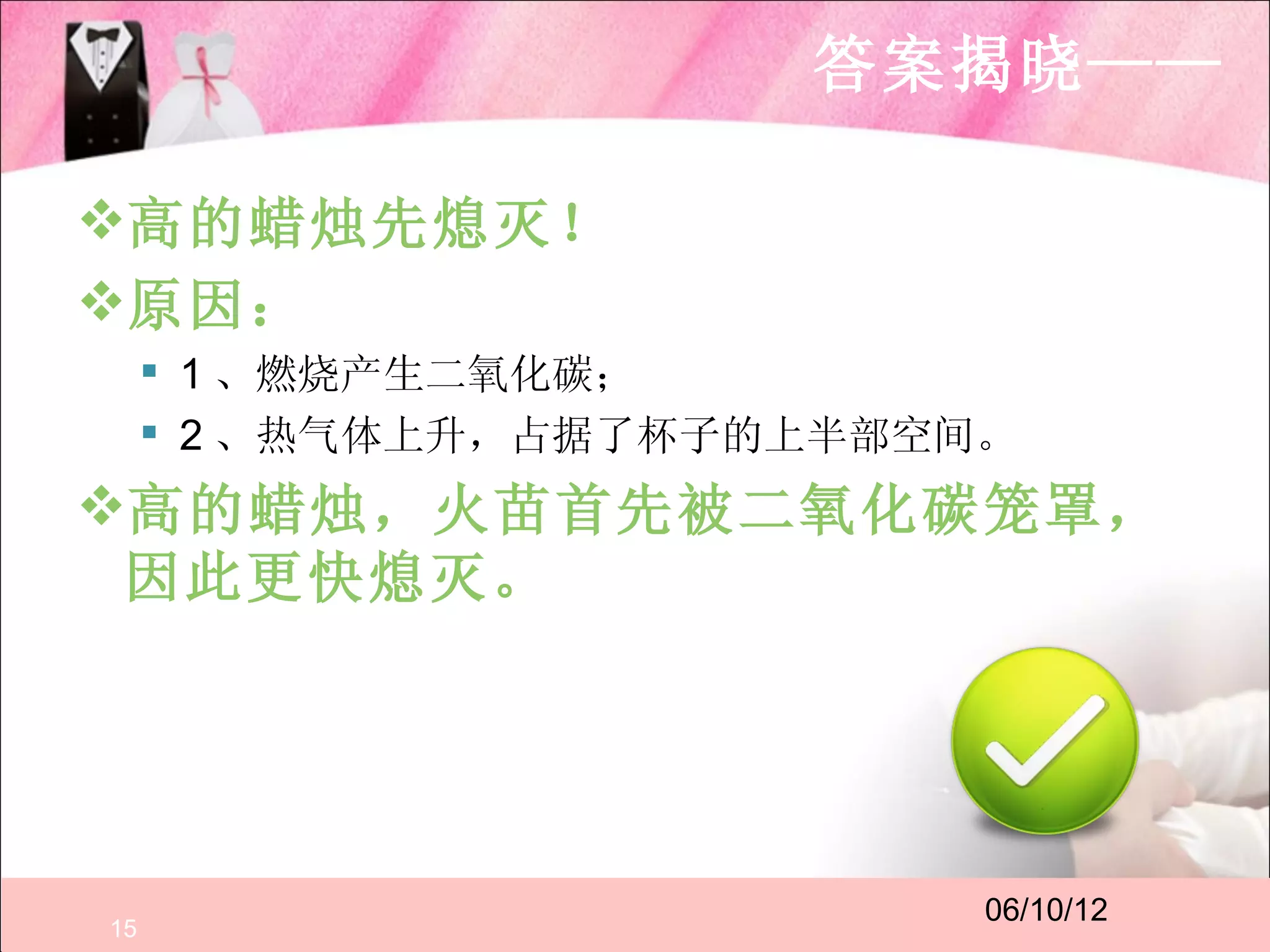 答案揭晓——

高的蜡烛先熄灭！
原因：
      1 、燃烧产生二氧化碳；
      2 、热气体上升，占据了杯子的上半部空间。
高的蜡烛，火苗首先被二氧化碳笼罩，
 因此更快熄灭。




                           06/10/12
15
 
