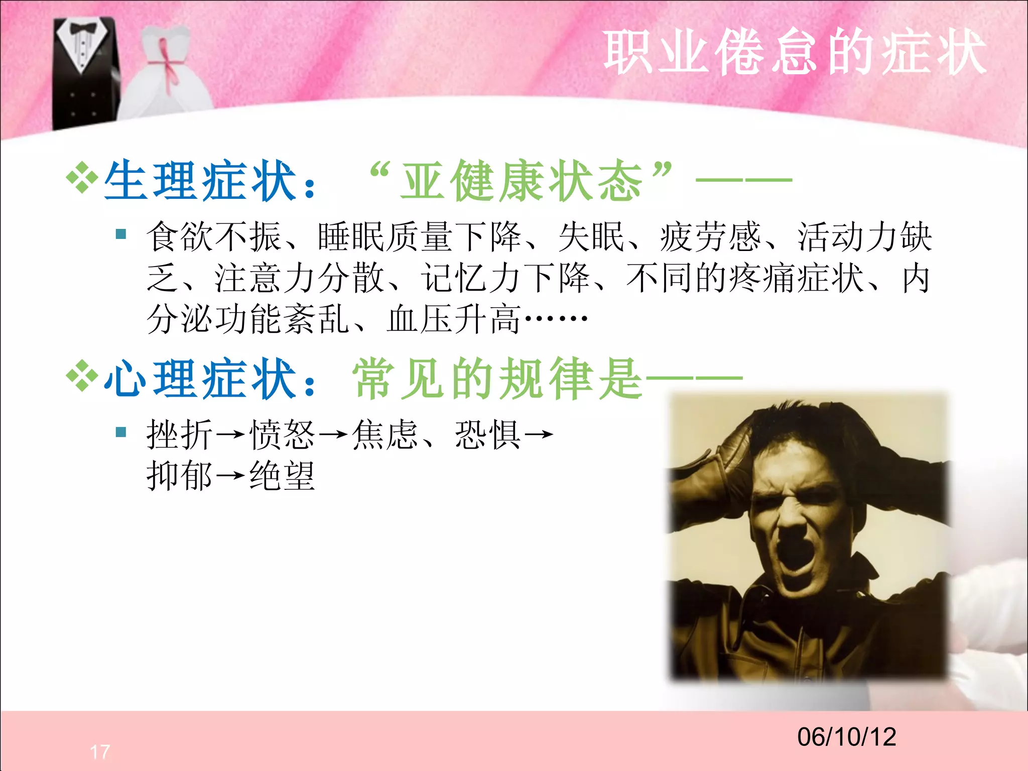 职业倦怠的症状

生理症状：“亚健康状态”——
      食欲不振、睡眠质量下降、失眠、疲劳感、活动力缺
       乏、注意力分散、记忆力下降、不同的疼痛症状、内
       分泌功能紊乱、血压升高……
心理症状：常见的规律是——
      挫折→愤怒→焦虑、恐惧→
       抑郁→绝望




                         06/10/12
17
 