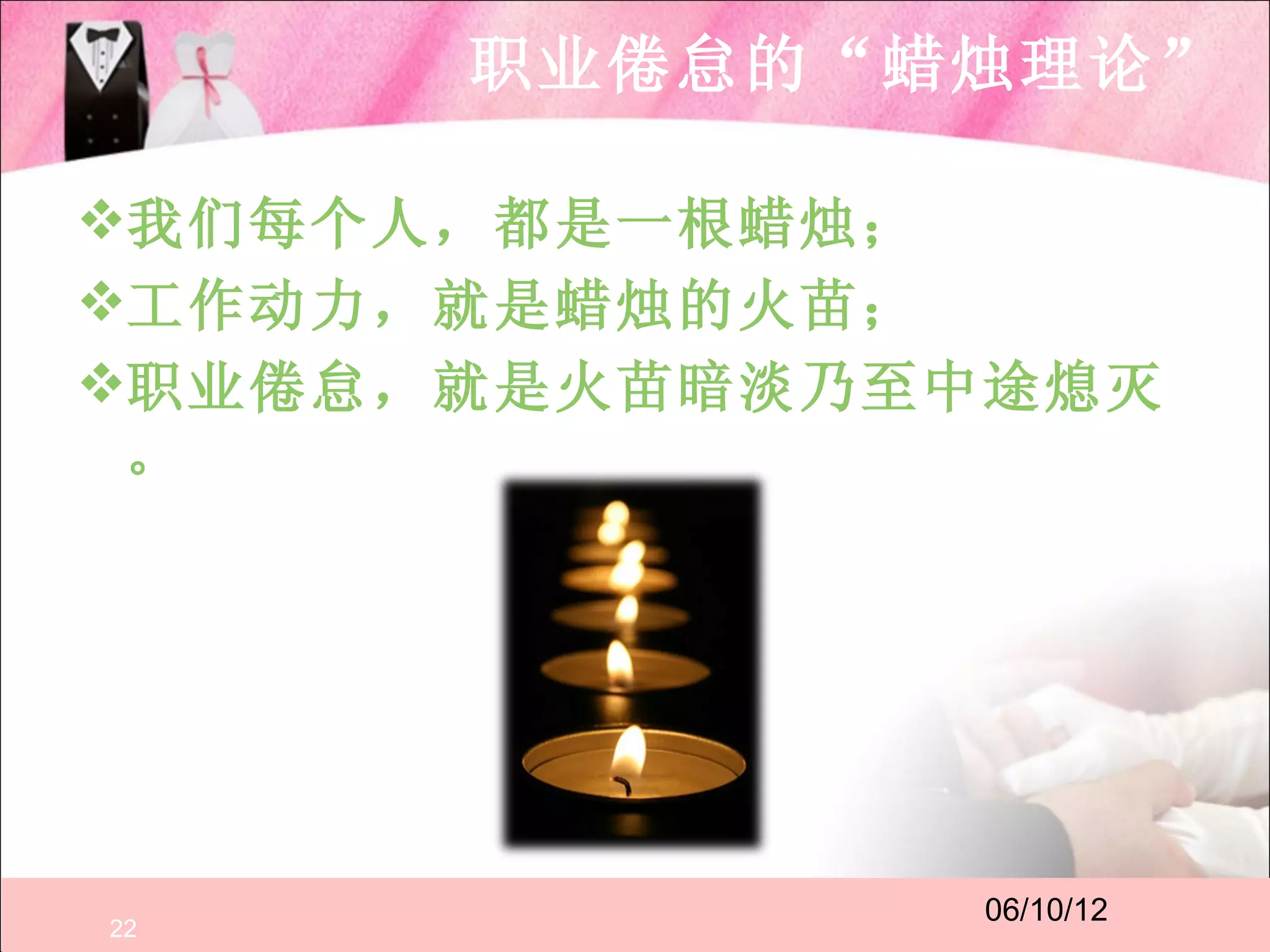 职业倦怠的“蜡烛理论”

我们每个人，都是一根蜡烛；
工作动力，就是蜡烛的火苗；
职业倦怠，就是火苗暗淡乃至中途熄灭
 。




               06/10/12
22
 