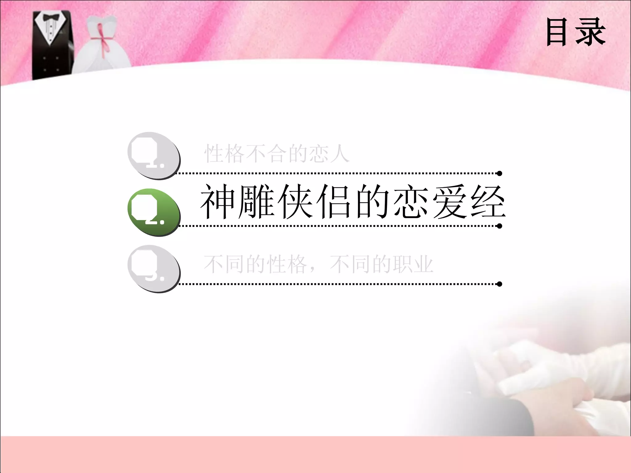 目录


1.   性格不合的恋人


2.   神雕侠侣的恋爱经
3.   不同的性格，不同的职业
 