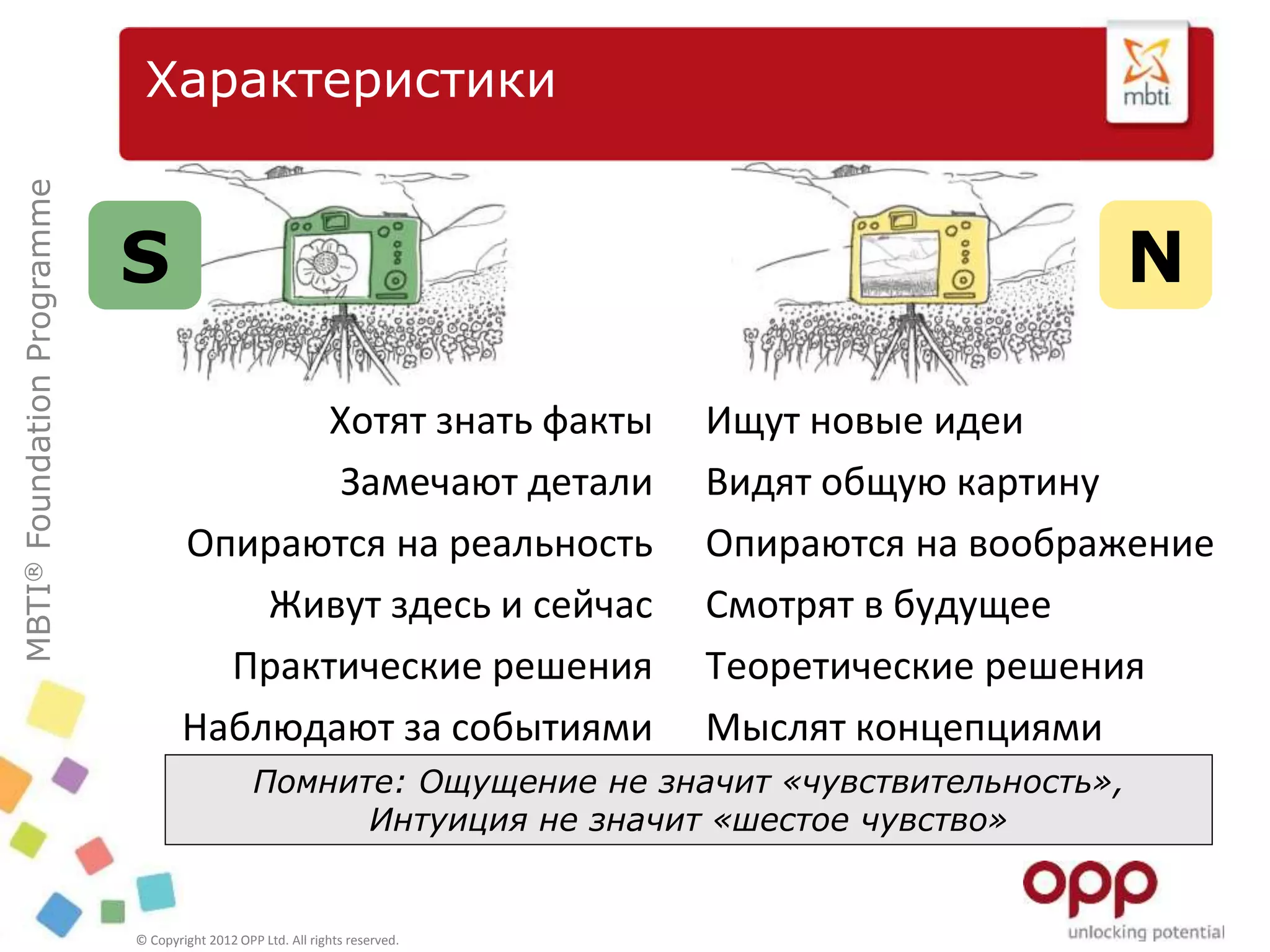 MBTI®FoundationProgramme
© Copyright 2012 OPP Ltd. All rights reserved.
Характеристики
Ищут новые идеи
Видят общую картину
Опираются на воображение
Смотрят в будущее
Теоретические решения
Мыслят концепциями
Хотят знать факты
Замечают детали
Опираются на реальность
Живут здесь и сейчас
Практические решения
Наблюдают за событиями
Помните: Ощущение не значит «чувствительность»,
Интуиция не значит «шестое чувство»
S N
 