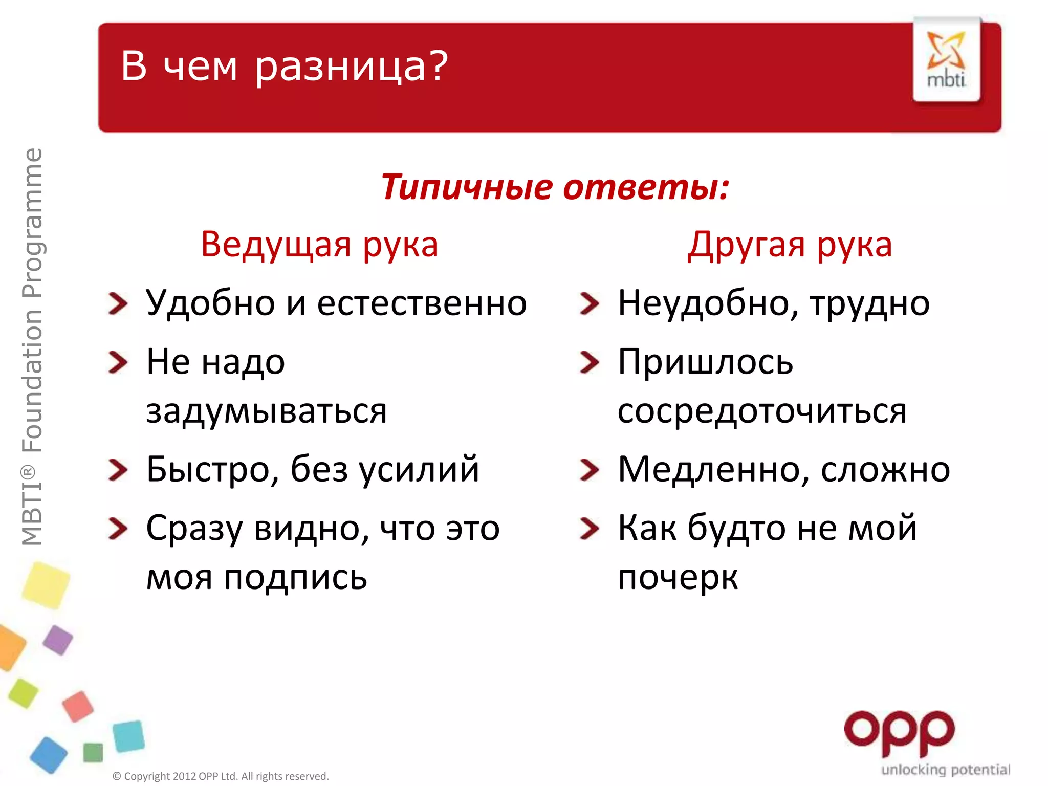 MBTI®FoundationProgramme
© Copyright 2012 OPP Ltd. All rights reserved.
В чем разница?
Ведущая рука
Удобно и естественно
Не надо
задумываться
Быстро, без усилий
Сразу видно, что это
моя подпись
Другая рука
Неудобно, трудно
Пришлось
сосредоточиться
Медленно, сложно
Как будто не мой
почерк
Типичные ответы:
 
