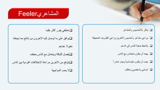 ‫المشاعري‬Feeler
‫والمشاعر‬ ‫باألحاسيس‬ ‫يتأثر‬
‫المحي‬ ‫الظروف‬ ‫يراعي‬ ‫اآلخرين‬ ‫وأحاسيس‬ ‫مشاعر‬ ‫يراعي‬‫طة‬
‫الدعم‬ ‫إلى‬ ‫الناس‬ ‫حاجة‬ ‫يالحظ‬
‫الناس‬ ‫مع‬ ‫متجانس‬ ‫يكون‬ ‫أن‬ ‫يهمه‬
ً‫ا‬‫مناور‬ ‫ويبدو‬ ً‫ا‬‫دبلوماسي‬ ‫يكون‬ ‫أن‬ ‫يحب‬
‫وشخصي‬ ‫إنساني‬‫ومتقلب‬
‫بقلبه‬ ‫أكثر‬ ‫يقرر‬ ‫عاطفي‬
‫نتائ‬ ‫من‬ ‫اآلخرون‬ ‫إليه‬ ‫توصل‬ ‫ما‬ ‫على‬ ‫يوافق‬‫مما‬ ‫ج‬‫يجعله‬
‫عندهم‬ ‫مقبوال‬
‫بعطف‬ ‫الناس‬ ‫مع‬ ‫ويتعامل‬ ‫اللباقة‬ ‫يفضل‬
‫الفردية‬ ‫االختالفات‬ ‫مراعاة‬ ‫اآلخرين‬ ‫من‬ ‫يتوقع‬‫الناس‬ ‫بين‬
‫المواجهة‬ ‫يحب‬ ‫ال‬
 