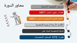 ‫ة‬‫ر‬‫الدو‬‫ر‬‫محاو‬ ‫اإلنسانية‬ ‫الشخصية‬ ‫تعريف‬
‫اختبار‬ ‫مفهوم‬ ‫و‬ ‫قصة‬MBTI
‫بأسلوب‬ ‫للشخصية‬ ‫المكونة‬ ‫األبعاد‬MBTI
‫للشخصية‬ ‫الرئيسية‬ ‫األربعة‬ ‫األقسام‬
‫عشر‬ ‫السته‬ ‫الشخصية‬ ‫انماط‬
‫نظرية‬KTS‫الشخصيات‬ ‫لتصنيف‬
 