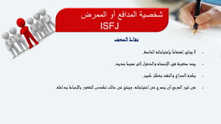 ‫الممرض‬ ‫أو‬ ‫المدافع‬ ‫شخصية‬
ISFJ
‫اط‬‫نق‬‫الضعف‬
‫الخاصة‬‫بإحتياجاته‬ً‫ا‬‫إهتمام‬‫يولي‬ ‫ال‬.
‫جديد‬‫محيط‬ ‫إلى‬‫والدخول‬ ‫اإلنسجام‬‫في‬ ‫صعوبة‬ ‫يجد‬.
‫كبير‬ ‫بشكل‬ ‫والنقد‬ ‫الصراع‬‫يكره‬.
‫باإل‬ ‫للشعور‬ ‫تكدس‬ ‫ذلك‬ ‫عن‬ ‫وينتج‬ ،‫احتياجاته‬‫عن‬ ‫يصرح‬ ‫أن‬‫المرجح‬‫غير‬ ‫من‬‫بداخله‬ ‫حباط‬.
 