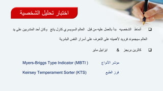 ‫الشخصي‬ ‫تحليل‬ ‫اختبار‬‫ة‬
‫أنماط‬‫الشخصيه‬‫قبل‬ ‫من‬ ‫عليه‬ ‫بالعمل‬ ‫بدأ‬‫يانغ‬ ‫كارل‬ ‫السويسري‬ ‫العالم‬‫أح‬ ‫وكان‬‫يد‬ ‫على‬ ‫المتدربين‬ ‫د‬
‫البشرية‬ ‫النفس‬ ‫أسرار‬ ‫على‬ ‫التعرف‬ ‫على‬ ‫ألهميته‬ ‫فرويد‬ ‫سيجموند‬ ‫العالم‬
‫كاثرين‬‫بريجز‬&‫ماير‬ ‫ايزابيل‬
Myers-Briggs Type Indicator (MBTI ) ‫األنواع‬ ‫مؤشر‬
Keirsey Temperament Sorter (KTS) ‫فرز‬‫الطبع‬
 