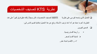 ‫نظرية‬KTS‫الشخصي‬ ‫لتصنيف‬‫ات‬
‫نظرية‬ ‫على‬ ‫كيرسي‬ ‫وضعه‬ ‫الذي‬ ‫التعديل‬MBTI‫ك‬ ‫فرق‬ ‫خلق‬ ‫ولكنه‬ ً‫ا‬‫بسيط‬ ‫كان‬ ،‫الشخصيات‬ ‫لتصنيف‬‫هذه‬ ‫على‬ ً‫ا‬‫بير‬
‫الن‬ ‫تقسيم‬ ‫إمكانية‬ ‫التعديل‬ ‫هذا‬ ‫عن‬ ‫ونتج‬ ،‫األسئلة‬ ‫ترتيب‬ ‫أعاد‬ ‫أنه‬ ‫هو‬ ‫عمله‬ ‫ما‬ ‫أهم‬ ،‫النظرية‬‫إلى‬ ‫اس‬:
‫كبيرين‬ ‫قسمين‬.
•‫و‬‫رئيسية‬ ‫أقسام‬ ‫أربعة‬.
‫ثمانية‬‫أصغر‬ ‫أقسام‬.
‫و‬‫عشر‬ ‫الستة‬ ‫األقسام‬.
 