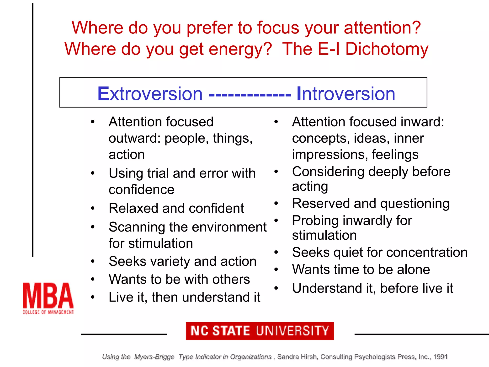 • Attention focused
outward: people, things,
action
• Using trial and error with
confidence
• Relaxed and confident
• Scanning the environment
for stimulation
• Seeks variety and action
• Wants to be with others
• Live it, then understand it
Where do you prefer to focus your attention?
Where do you get energy? The E-I Dichotomy
Extroversion ------------- Introversion
• Attention focused inward:
concepts, ideas, inner
impressions, feelings
• Considering deeply before
acting
• Reserved and questioning
• Probing inwardly for
stimulation
• Seeks quiet for concentration
• Wants time to be alone
• Understand it, before live it
Using the Myers-Brigge Type Indicator in Organizations , Sandra Hirsh, Consulting Psychologists Press, Inc., 1991
 