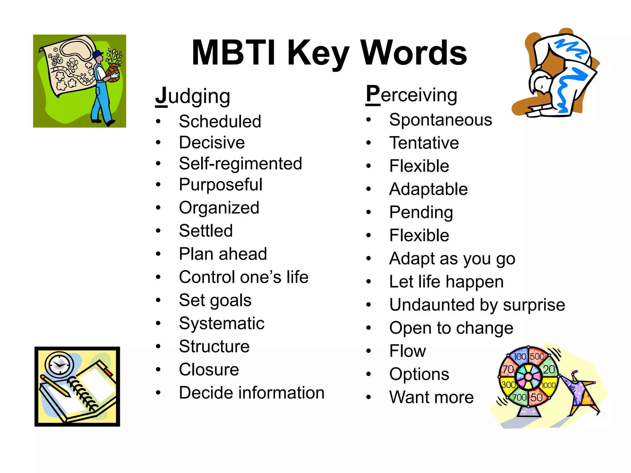 MBTI Key Words
Judging
• Scheduled
• Decisive
• Self-regimented
• Purposeful
• Organized
• Settled
• Plan ahead
• Control one’s life
• Set goals
• Systematic
• Structure
• Closure
• Decide information
Perceiving
• Spontaneous
• Tentative
• Flexible
• Adaptable
• Pending
• Flexible
• Adapt as you go
• Let life happen
• Undaunted by surprise
• Open to change
• Flow
• Options
• Want more
 