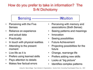 • Perceiving with the Five
Senses
• Reliance on experience
and actual data
• Practicality
• In touch with physical realities
• Attending to the present
moment
• Live life as it is
• Prefers using learned skills
• Pays attention to details
• Makes few factual errors
How do you prefer to take in information? The
S-N Dichotomy
Sensing ---------------------- iNtuition
• Perceiving with memory and
associations (Sixth Sense)
• Seeing patterns and meanings
• Innovation
• Seeing possibilities
• Future Achievement
• Projecting possibilities for the
future
• Change, rearrange life
• Prefers adding new skills
• Looks at “big picture”
• Identifies complex patterns
Using the Myers-Brigge Type Indicator in Organizations , Sandra Hirsh, Consulting Psychologists Press, Inc., 1991
 