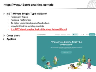 © Prof. Dr. Mike Hoffmeister, Faculty of Business
1
https://www.16personalities.com/de
 MBTI Meyers Briggs Type Indicator
• Personality Types
• Personal Preferences
• To better understand yourself and others
• Important tool for avoiding conflicts
• It is NOT about good or bad – it is about being different
 Cross arms
 Applaus
 