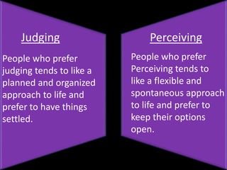 Judging
People who prefer
judging tends to like a
planned and organized
approach to life and
prefer to have things
settled.
Perceiving
People who prefer
Perceiving tends to
like a flexible and
spontaneous approach
to life and prefer to
keep their options
open.
 