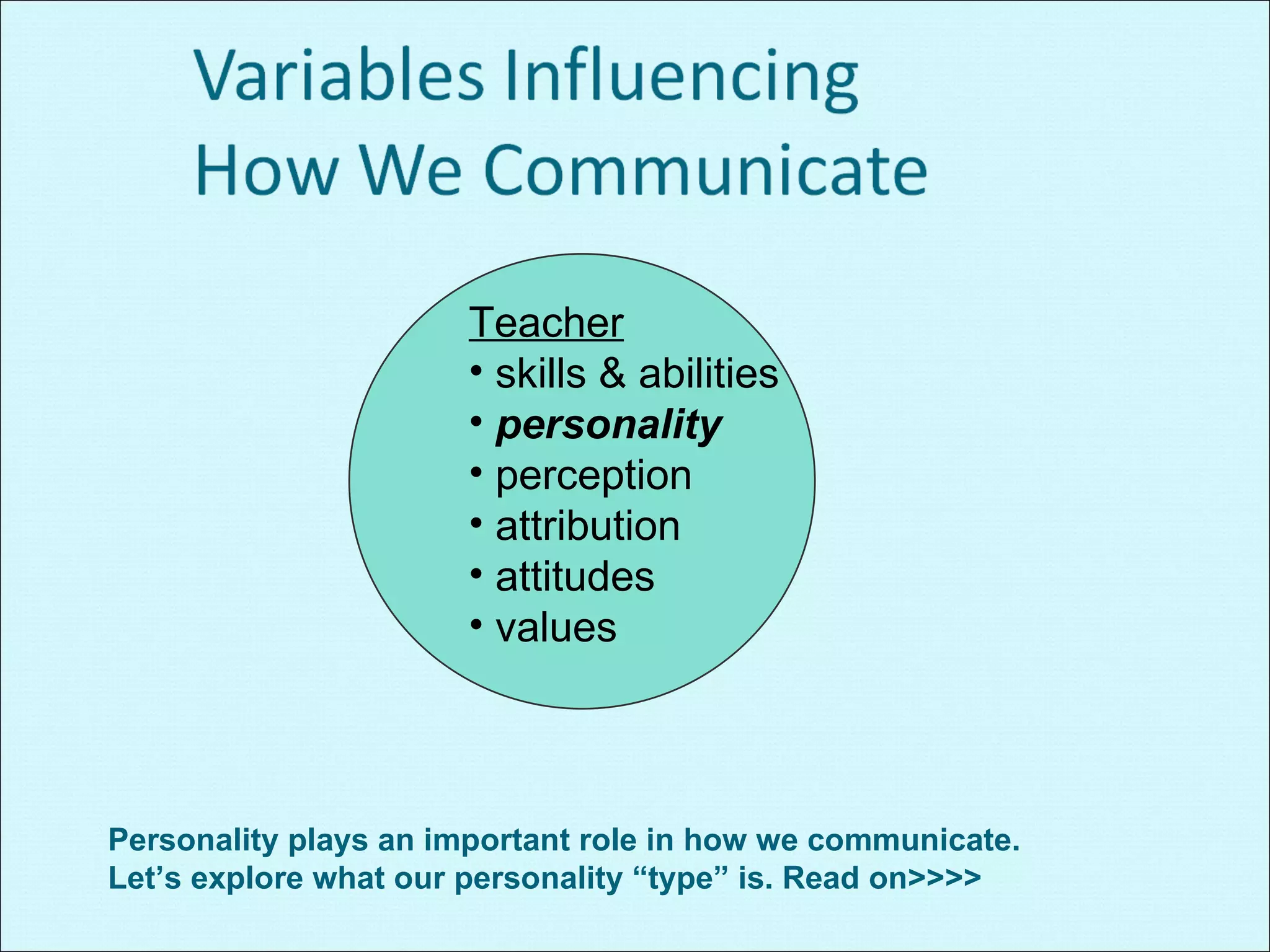 Personality plays an important role in how we communicate.  Let’s explore what our personality “type” is. Read on>>>> Teacher skills & abilities personality perception attribution attitudes values 